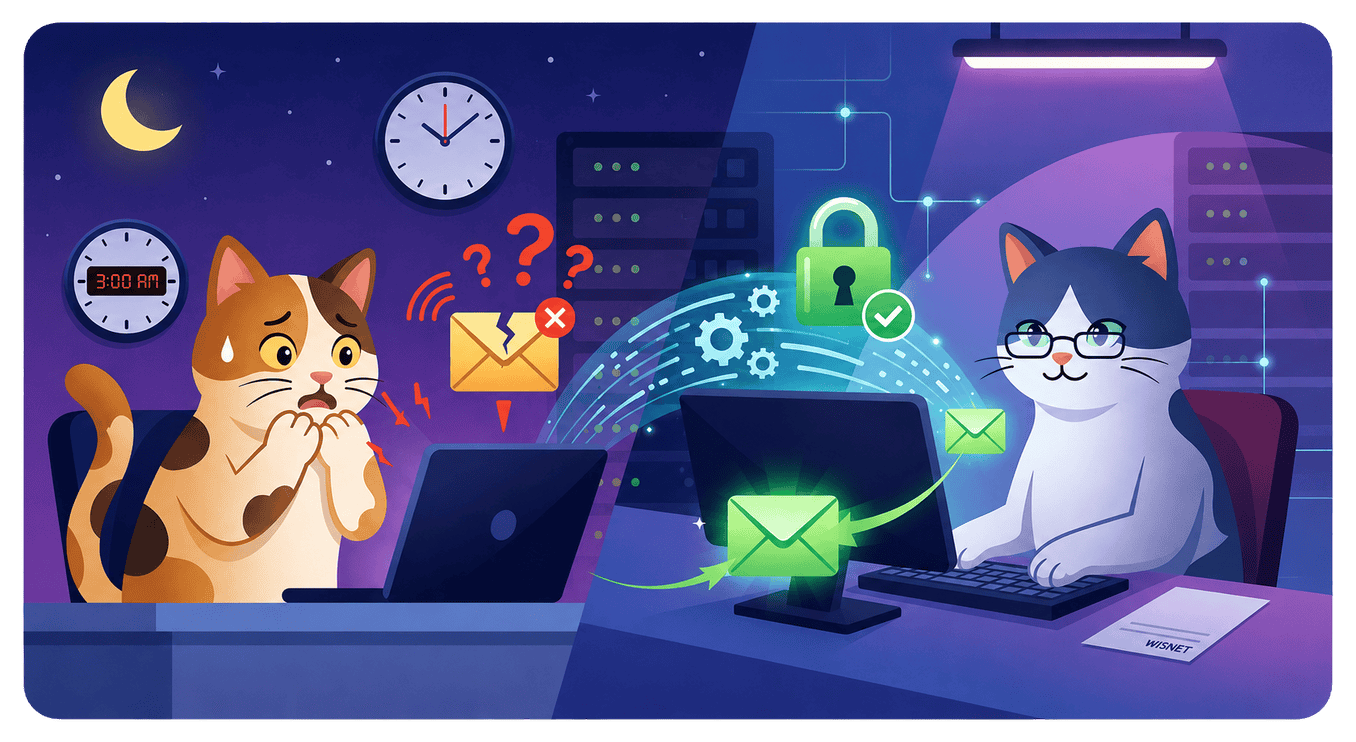 深夜3時のメールトラブルを猫スタッフが迅速に解決するイメージ
